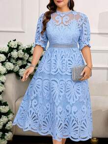Reflora Plus Size Women's White Lace Midi Dress, Elegant Short Sleeve Summer Dress - Multicolor - View 3
