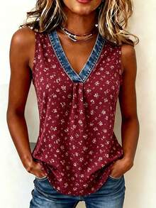 EMERY ROSE Denim Effect Ditsy Floral Contrast Color Regular Blouse For Women - Red - View 5