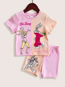 LOONEY TUNES X SHEIN Baby Girl Cartoon Print Colorblock Round Neck Short Sleeve T-Shirt And Casual Fitted Shorts Set - Pink - View 1