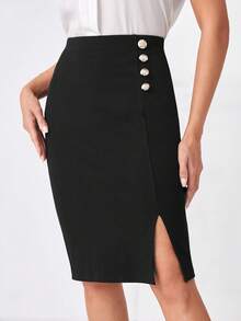 SHEIN LUNE High Waist Button Detail Slit Skirt - Black - View 4