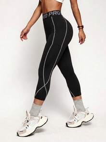 Velisys Velisys Women's Plus Size Letter Waistband Daily Fitness Sports Leggings - Black - View 3