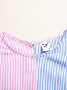 SHEIN Tween Girl Casual Daily Versatile Comfortable Patchwork Colorblock Short Flutter Sleeve Dress Tween Girl - Multicolor - View 3