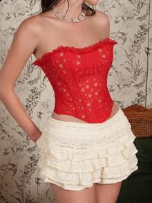 Myrelith 1pc White Lace Strapless Corset Top With Back Tie Shaping Cropped Bustier Party Prom Autumn Body Con Halloween - Red - View 1