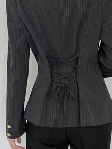 FRIFUL Women's Early Autumn New Korean Style Striped Fabric Back Tie Bow Knot Blazer Cute Tops - Grey - View 8