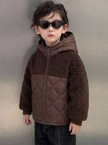 Dazy Kids Young Boy Solid Color Long Sleeve Zip-Up Hooded Winter Jacket Fall - Brown - View 4