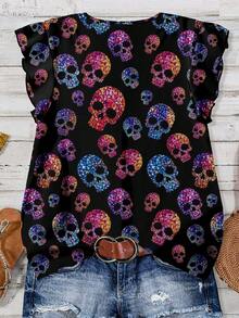 Mellowie Halloween Colorful Skull Print Plus Size Casual V-Neck Ruffle Blouse, Suitable For Summer, Party - Multicolor - View 2