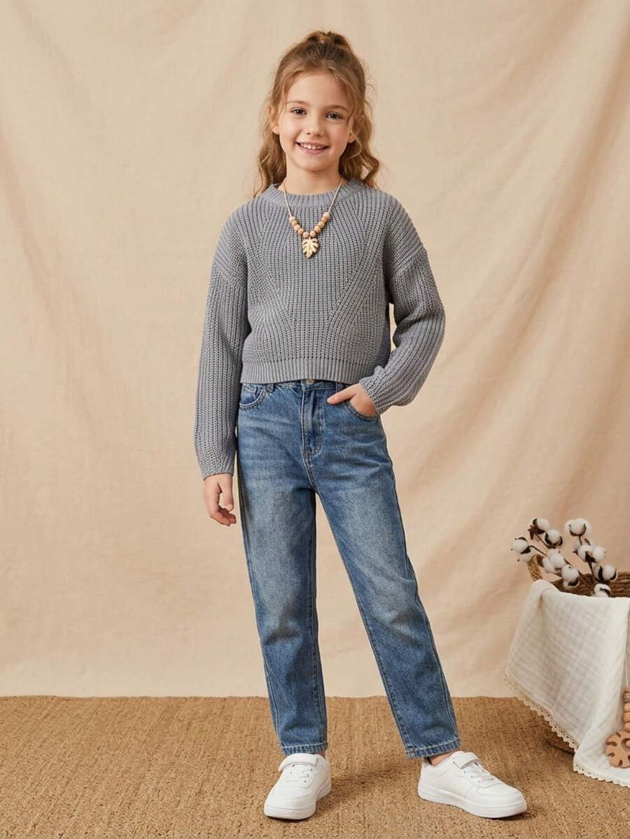 SHEIN Girls' Autumn/Winter Fashion Minimalist Thick Knit Sweater Long Sleeve Top - Multicolor - View 1