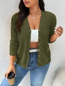 CosyJoli Women's Plus Size Solid Color Basic Cardigan, Casual Loose Button-Up Long Sleeve Top In Fall/Winter - Green - View 10