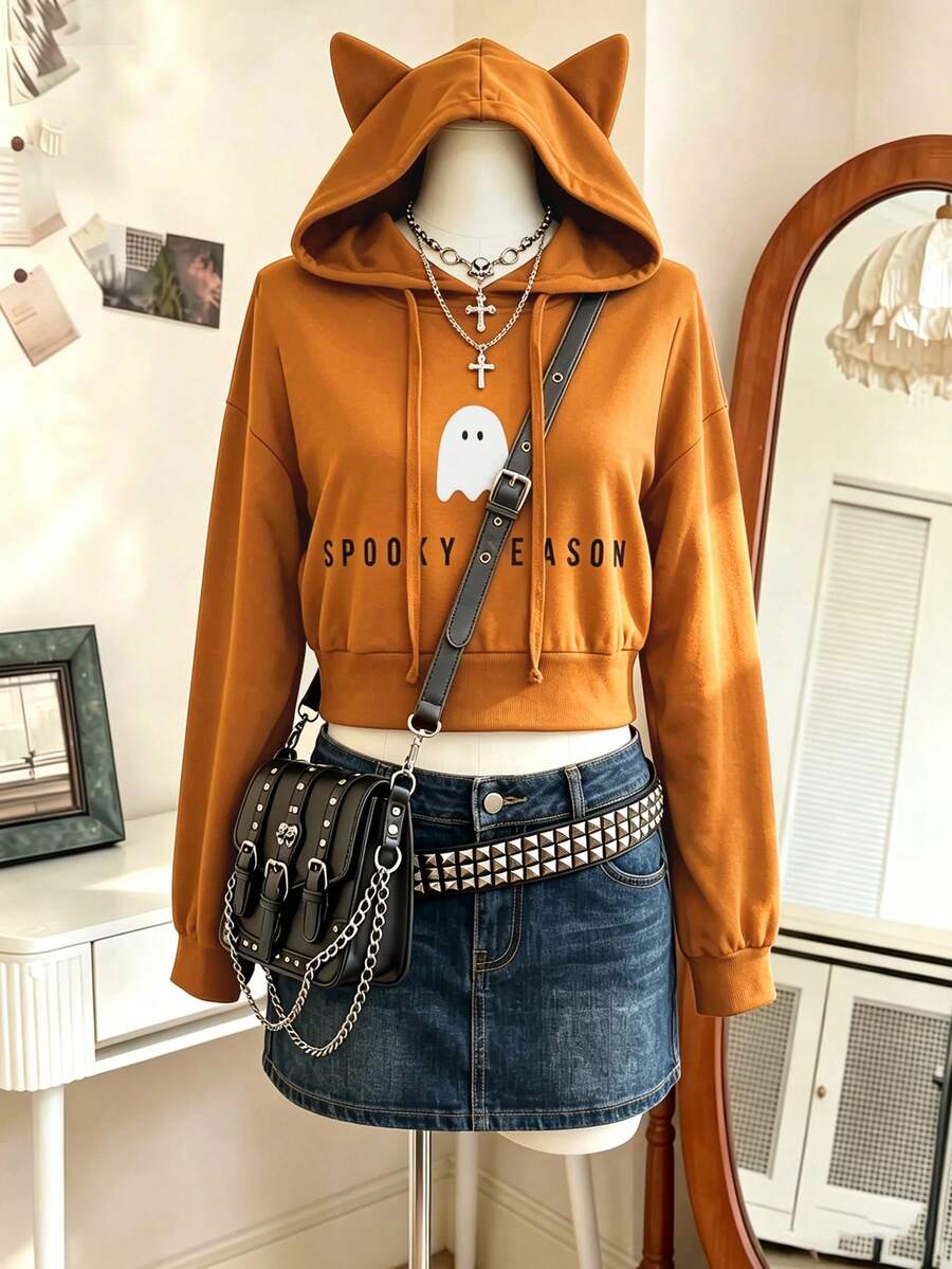 Lalippa Women's Cat Ear Hooded Sweatshirt Casual Halloween Ghost Short Pullover - Multicolor - View 1