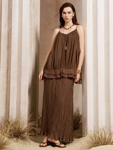Arave Women's Solid Color Ruffle Hem Camisole And Skirt 2 Pieces Set Vacation Dark Brown Summer Minimalist Earthy - Brown - View 1