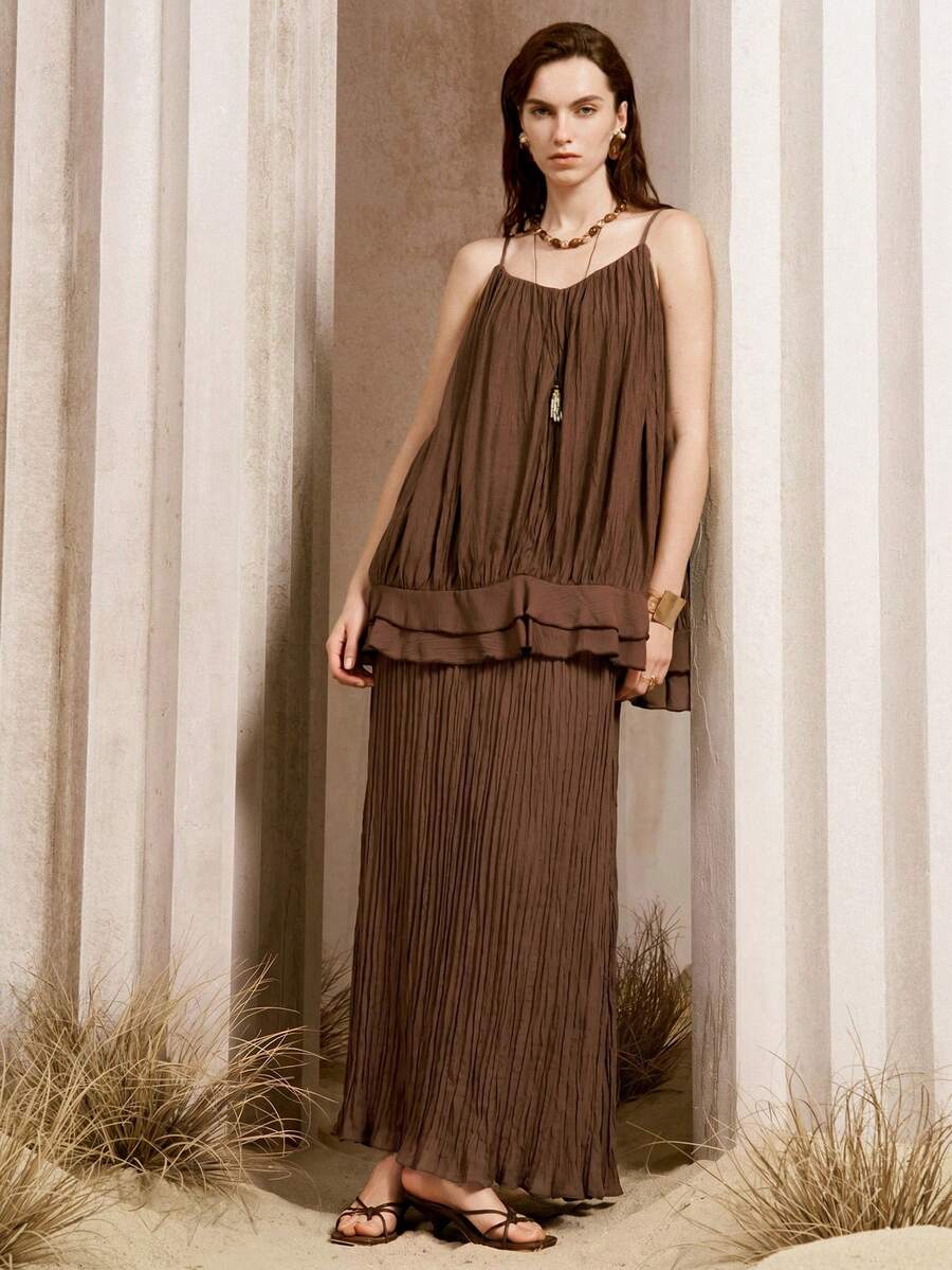 Arave Women's Solid Color Ruffle Hem Camisole And Skirt 2 Pieces Set Vacation Dark Brown Summer Minimalist Earthy - Brown - View 1