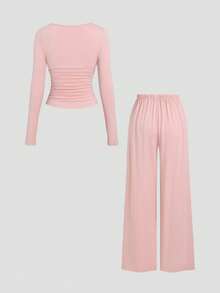 Sweetra Women's Casual Cute Knit 2-Piece Set, Fashion Sexy Lace Patchwork Floral Knit Dusty Pink Long Sleeve T-Shirt And Elastic Knit Pants Lounge Autumn - Baby Pink - View 2