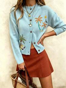 RIVANDRE Vacation Casual Coconut Tree Embroidered Cardigan - Multicolor - View 5