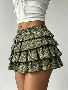 Rina Fox Falda de estilo pastel con estampado integral y volantes abullonados en el bajo para mujer, primavera/verano - Verde - Ver 5