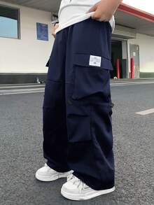 兒童青少年男孩休閒日常舒適印花直筒寬鬆梭織長褲，適合學校、花園、海灘、生日，春夏秋冬四季皆宜 - 藏蓝色 - 查看 2