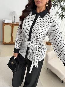 Modelyn Plus Size Women Polka Dot Long Sleeve Side Knot Shirt And Wide Leg Pants Casual Set - Black - View 4