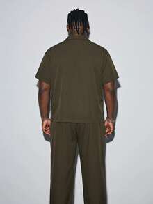Modcrash Men's New 2-Piece Set, Minimalist Zipper Short Sleeve Top And Long Pants, Street Style Cool Casual Outdoor Daily Wear, Short Shirt And Long Pants, Plus Size - Army Green - View 2