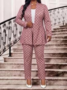 Fleurora Plus Size Women's Bow Pattern Long Sleeve Jacket And Pants Elegant Suit Set Teachers' Day Formal Dinner Brunch Office Fuchsia Pink Summer - Pink - View 4