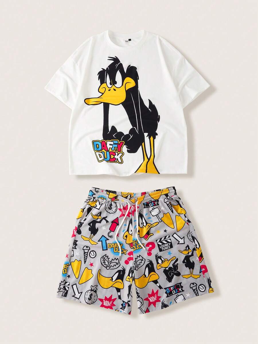 LOONEY TUNES X SHEIN 男士舒适鸭子印花短袖T恤和抽绳腰短裤睡衣套装,夏季 - 白色 - 查看 1