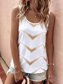 SHEIN LUNE Áo tank top nữ mùa xuân/hè mới về, họa tiết chấm bi và sọc bất đối xứng, cổ chữ U, kiểu dáng thường ngày, đa năng. - Nhiều màu - Xem 7