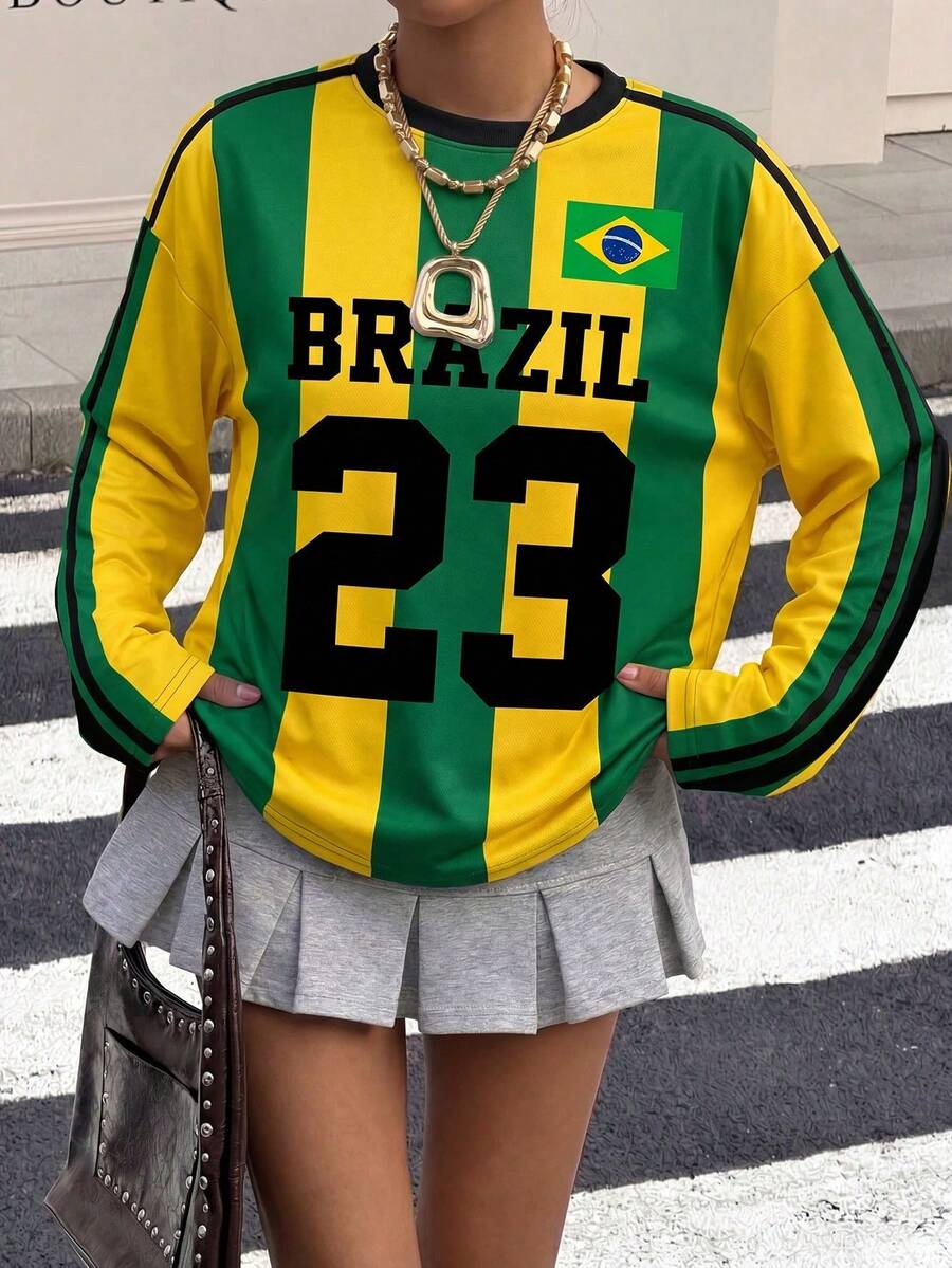 Muchica 世界盃女款休閒街頭運動風寬鬆運動上衣,圓領巴西國旗配色綠色條紋旅行款 - 彩色 - 查看 1
