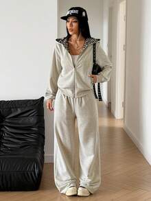 StreetHx Autumn/Winter Minimalist Casual Grey & Leopard Print Loose Hooded Open Front Sweatshirt & Loose Straight Leg Pants Women 2 Pieces Set - Light Grey - View 3