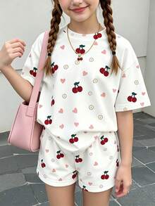 Set de 2 piezas de camiseta de manga corta con estampado de frutas y cerezas y pantalones cortos casuales para niñas, uso cómodo para primavera, verano y otoño - Multicolor - Ver 1