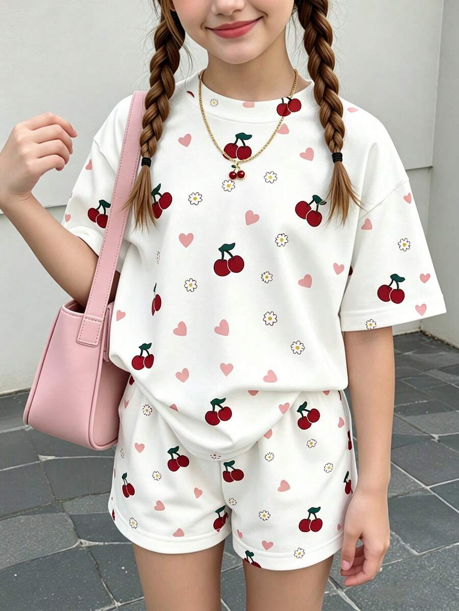 Set de 2 piezas de camiseta de manga corta con estampado de frutas y cerezas y pantalones cortos casuales para niñas, uso cómodo para primavera, verano y otoño - Multicolor - Ver 1