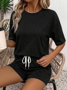 SHEIN LUNE Set Kaos dan Celana Pendek Wanita Warna Hitam, Terbuat dari 95% Katun - Hitam - View 4