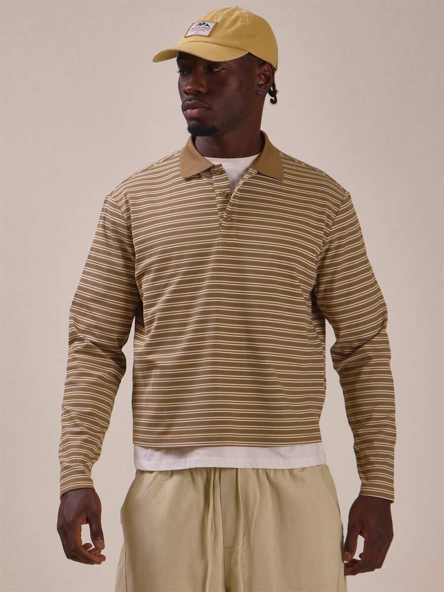 Musero Drop Shoulder Crop Length Long Sleeve Stripe Polo Top Ribbed Collar Detail Spring Summer Essentials - Brown - View 1