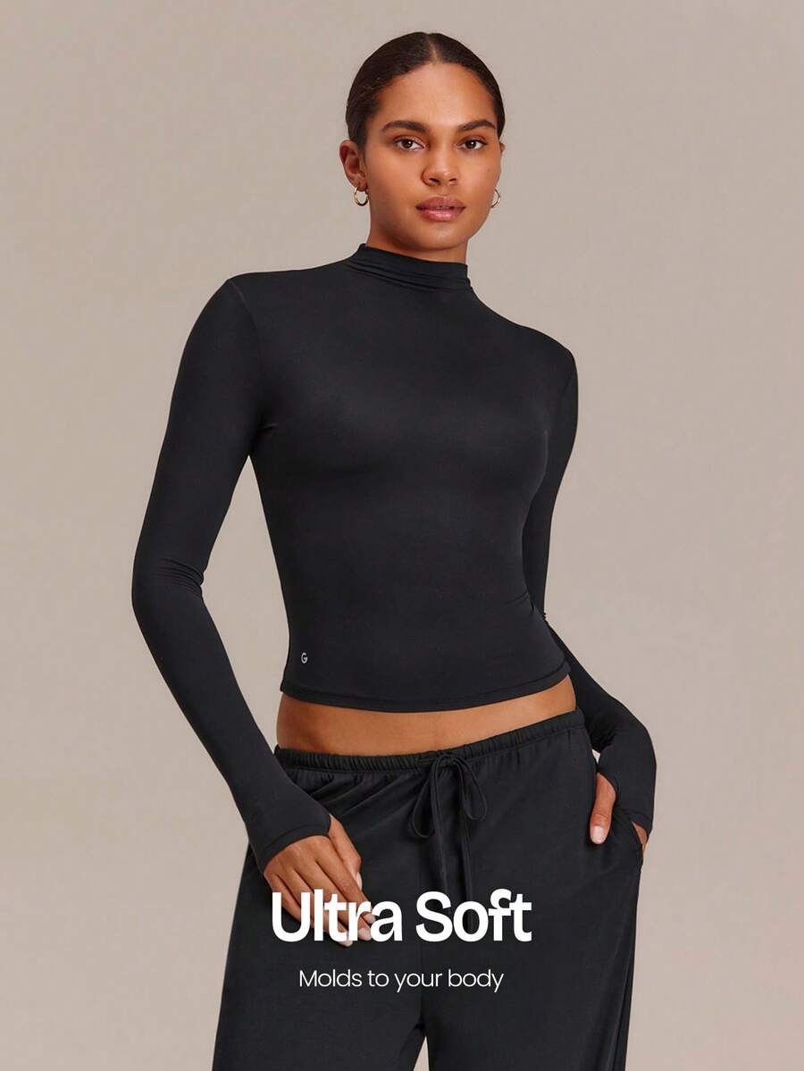GLOWMODE Seamless Ultra-Soft Find Your Glow Mock Neck Long Sleeve With Non-See-Through Design Daily Casual - Black - View 1