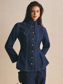Poéselle Women's Long Sleeve Single-Breasted Denim Shirt With Tie Neckline Design - Dark Wash - View 5