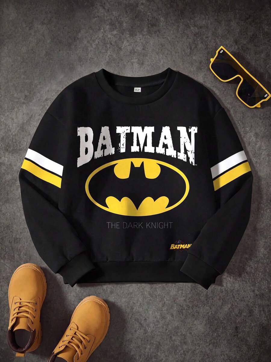 BATMAN X SHEIN 秋季款小男孩休闲蝙蝠字母图案圆领卫衣 - 白色 - 查看 1