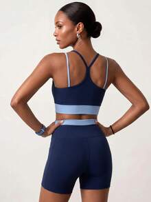 Zivah Women's Colorblock Patchwork Halter Top And Shorts Sports Set - Navy Blue - View 2