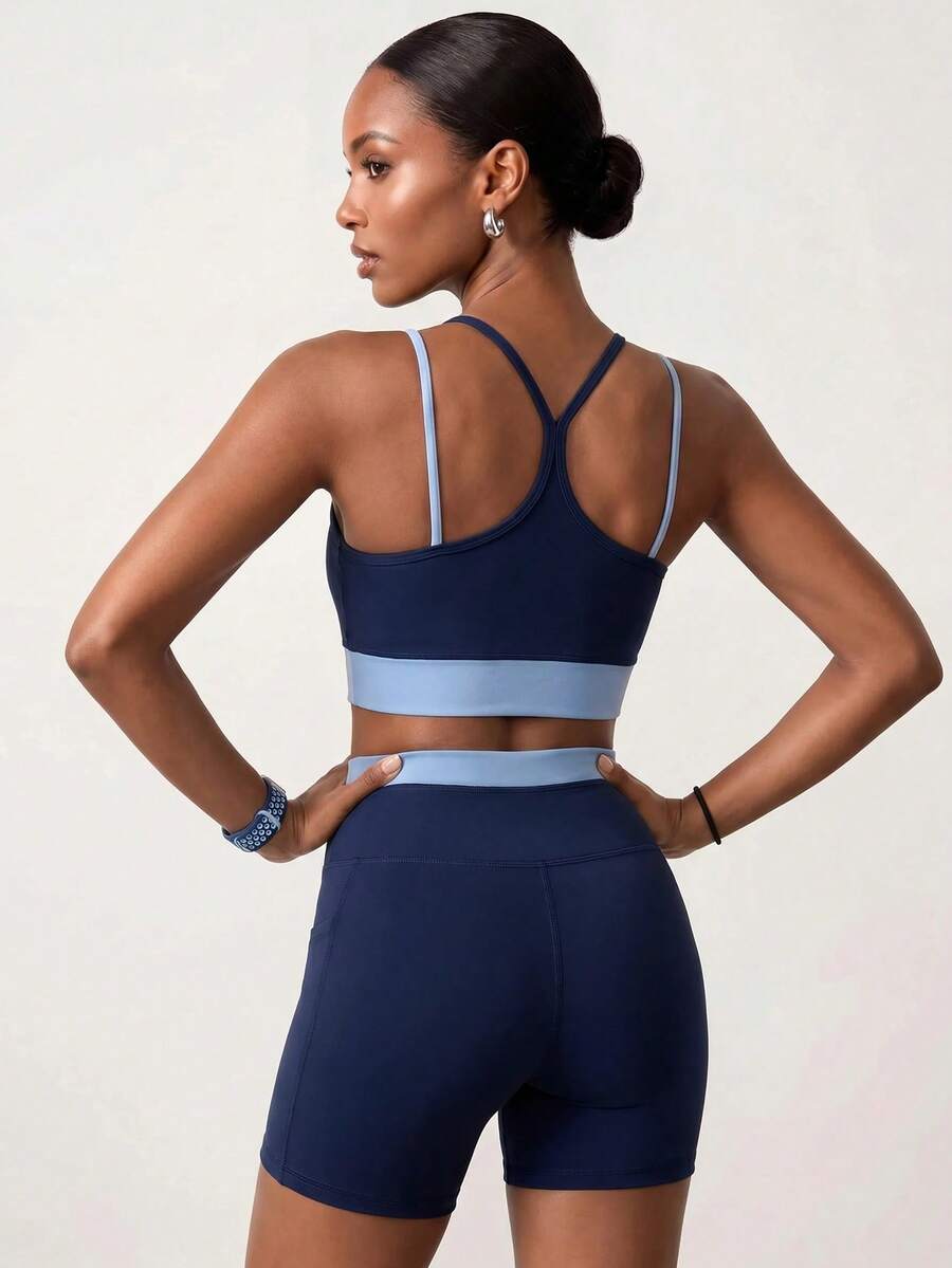 Zivah Women's Colorblock Patchwork Halter Top And Shorts Sports Set