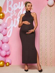 Loomaby Gaun Hamil Polos Serbaguna dengan Belahan Samping dan Leher Halter, Gaun Musim Gugur, Gaun Pengungkapan Jenis Kelamin Bayi, Gaun Hamil, Gaun untuk Acara Baby Shower - Coffee Brown - View 7