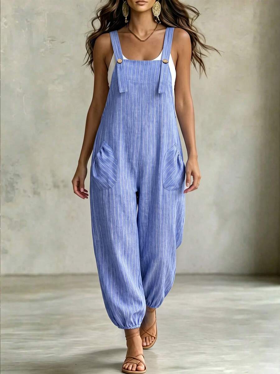 Linhara CURVE Plus Size Women's Spring Summer Elegant Fashion Commute Striped Pocket Drawstring Jumpsuit - Blue - View 1