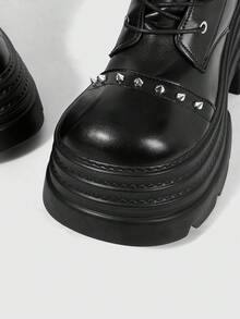 ROMWE Grunge Punk Women Heeled Sandals Dark PU Punk Rivet Thick-Soled Riding Boots Women Small Goth Mid-Tube Locomotive Booties Comic-Con - Black - View 3