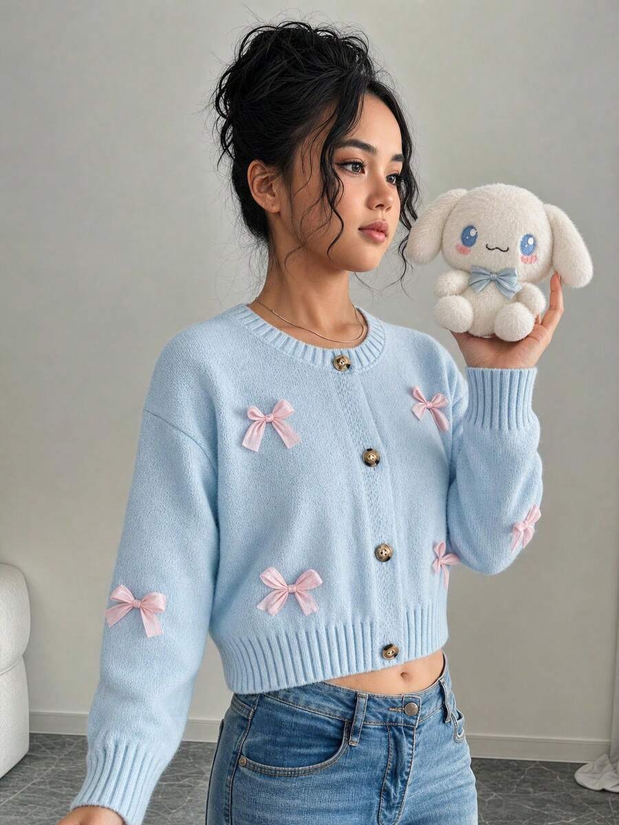SHEIN Playful Pals 女童秋冬時尚手工蝴蝶結針織毛衣長袖粉色可愛時尚外套 - 淺藍色 - 查看 1