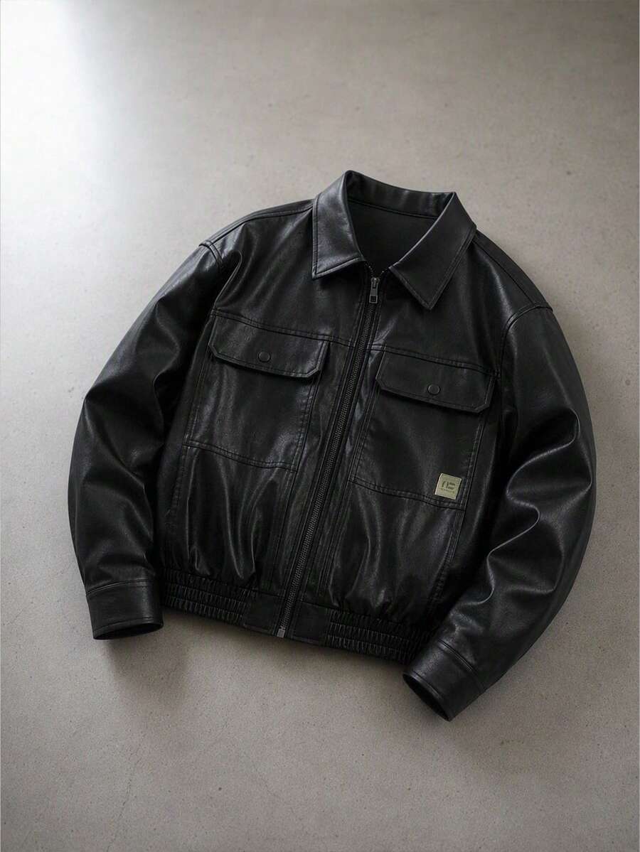 NEON BLANC Men's Solid Color PU Leather Fashion Versatile Daily Cyberpunk Freaky Grunge Rave Ugly Casual Jacket Date Night Rave Black Autumn - Black - View 1
