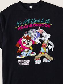 LOONEY TUNES X SHEIN 男士圓領字母卡通印花休閒百搭日常旅行短袖T恤 - 黑色 - 查看 5