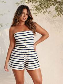 ELLERISSA Plus Size Blue & White Stripe Bandeau Button Front Playsuit - Blue and White - View 1