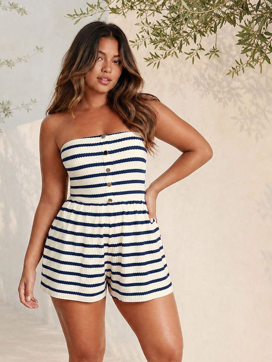 ELLERISSA Plus Size Blue & White Stripe Bandeau Button Front Playsuit - Blue and White - View 1