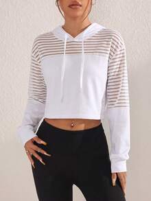 Streetz SHEIN Sport Color Block Striped Cropped Sweatshirt Patchwork Striped Fabric On Shoulder And Upper Sleeves, Solid Fro - White - View 5