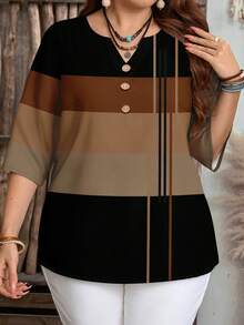 EMERY ROSE Women's Fashion Casual Striped Notched Neck 3/4 Sleeve Shirt - Multicolor - View 4