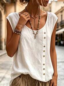 SHEIN Casual Solid Color Shirt, Versatile For Summer - White - View 4