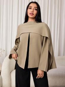 Veilorie Women's Solid Color Asymmetrical Shawl And Sweater Elegant Set - Khaki - View 4