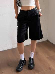 DAZY Women's High Waist Black PU Leather Shorts, Loose Casual Streetwear Commuter Office Pants, Autumn - Black - View 2