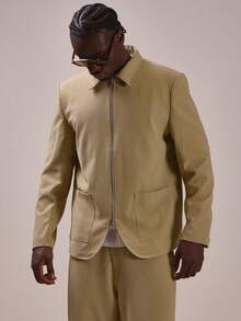 Musero Set In Sleeve Blazer With Stand Collar Center Front Zip Buttoned Cuffs - Khaki - View 2