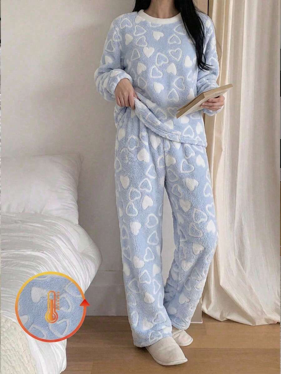 2 件女童舒适灰色简约毛绒心形图案长袖上衣和裤子睡衣套装,休闲家居服,母子装(2 套单独出售) - 藍白色 - 查看 1
